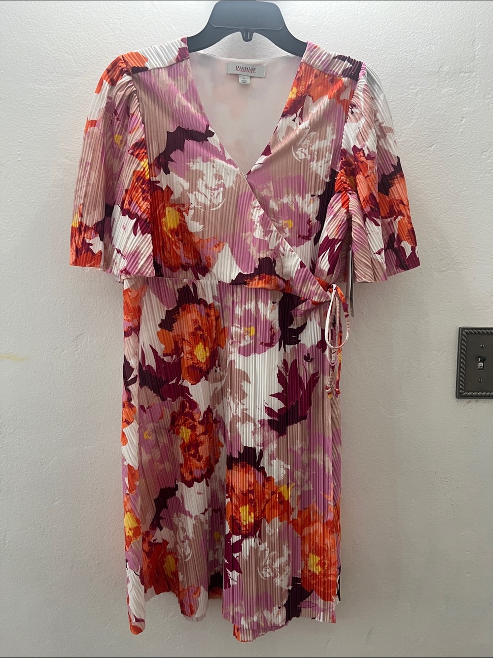 Kensie Floral Pleated Wrap Midi Dress in Pink, Orange & Purple